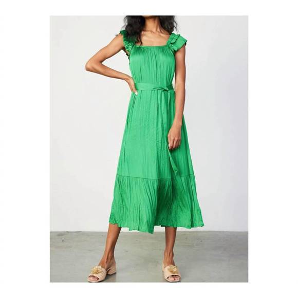 NEW CURRENT AIR ruffled sleeve crinkle midi dress in green - Picture 2 of 3